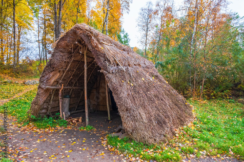 Fototapeta Grass straw hut on a meadow and beautiful autumn colours