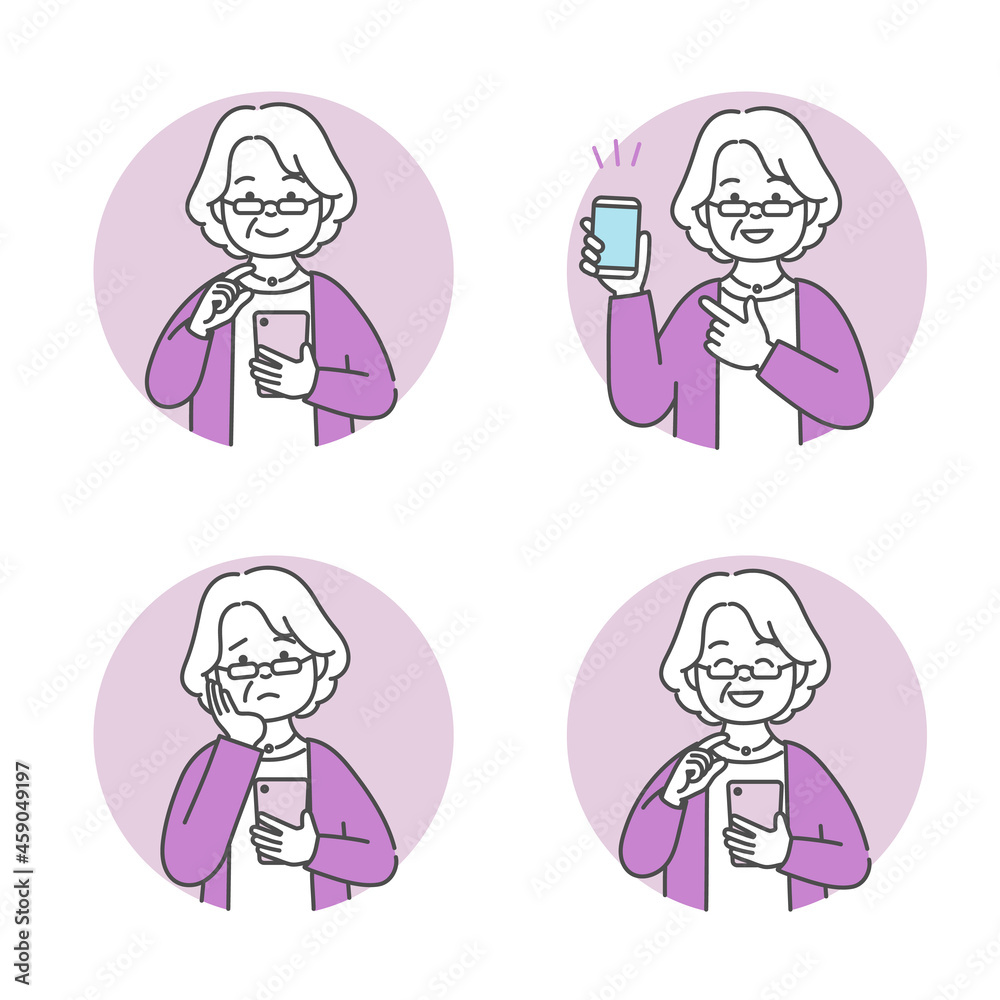 スマホを操作するシニア女性の上半身イラストセット スマホを操作するシニア女性の上半身イラストセット