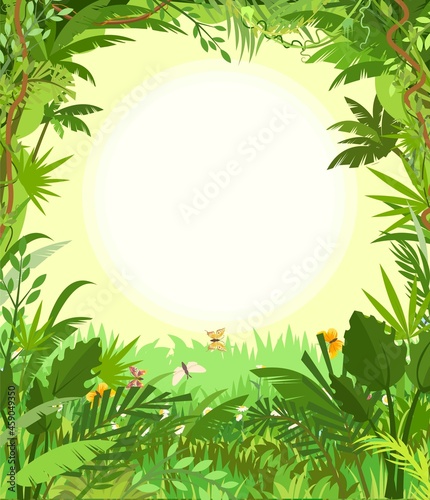 Jungle background. Plants rainforest. Sun in the morning sky. Meadow with butterflies. Beautiful green landscape with exotic trees and palms. Cute cartoon style. Vector.