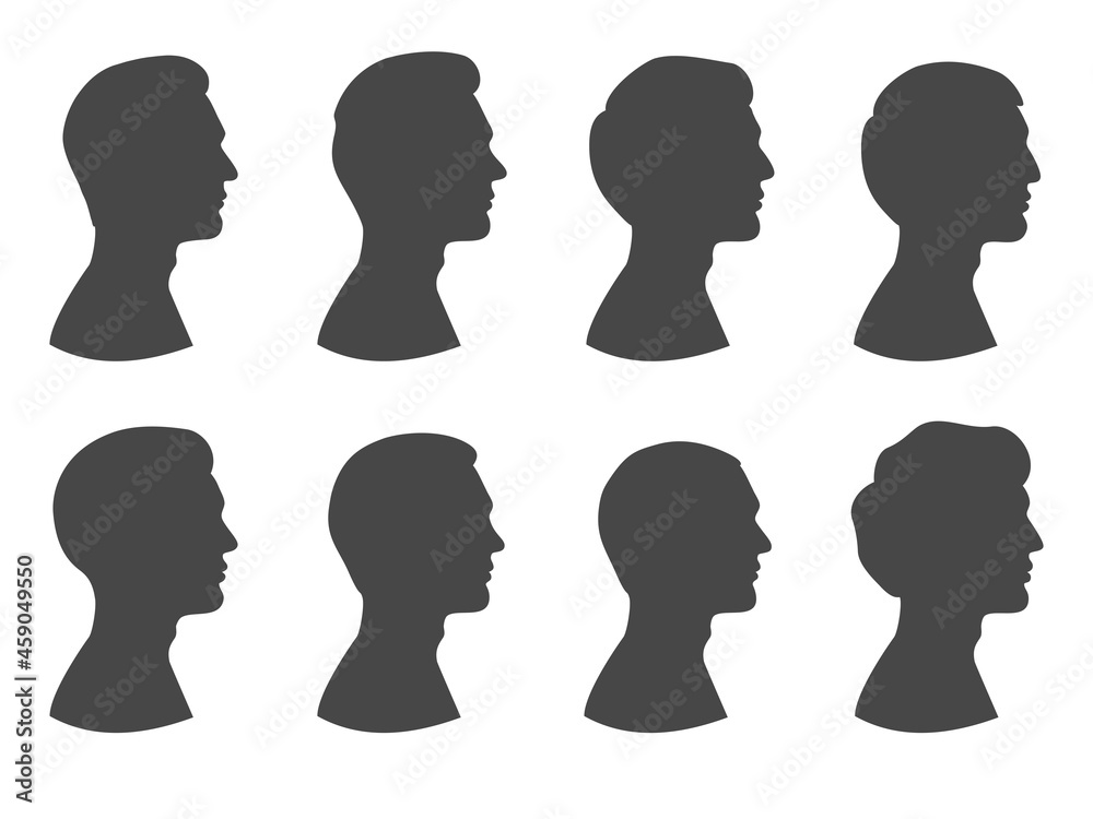 Collection of silhouettes of men with different hairstyles. Mens's profiles set. Vector illustration isolated on white background