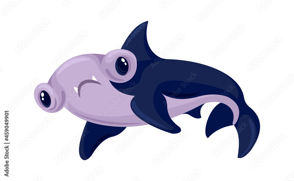 Obraz premium Hammerhead shark, cartoon fish with big eyes. Vector underwater shark with big head in form hammer illustration