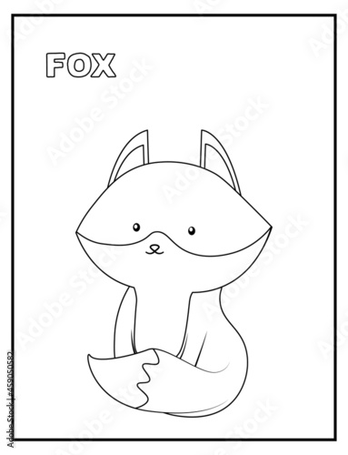 Cute baby fox black and white coloring page with name. Great for toddlers and kids any age. Perfect to keep kids busy.
