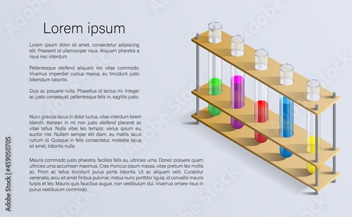 Chemical laboratory utensils. Test tubes in a tripod. Vector illustration of test tubes with a chemical substance located in a tripod. Background for a presentation on chemistry.