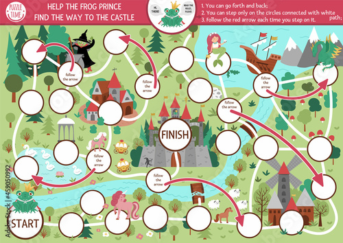 Fairytale dice board game for children with medieval village map. Magic kingdom boardgame.  Fairy tale activity or printable worksheet for kids. Help the frog prince find the way to the castle.