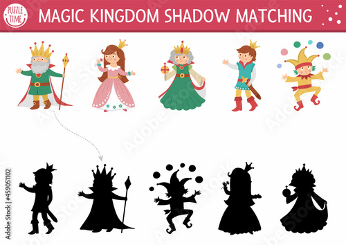Fairytale shadow matching activity with king, queen, prince, princess. Magic kingdom puzzle with cute characters. Find correct silhouette printable worksheet or game. Fairy tale page for kids.