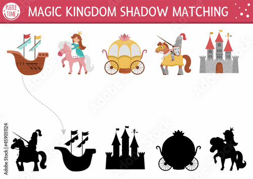 Fairytale shadow matching activity with castle, princess, knight. Magic kingdom puzzle with traditional symbols and characters. Find correct silhouette printable worksheet. Fairy tale page for kids.