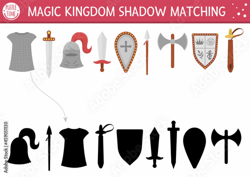 Fairytale shadow matching activity with sward, shield, helmet. Magic kingdom puzzle with traditional knight armor. Find correct silhouette printable worksheet or game. Fairy tale page for kids.