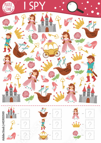 Fairytale fantasy I spy game for kids. Searching and counting activity with castle, princess, prince. Magic kingdom printable worksheet for preschool children. Simple fairy tale spotting puzzle.