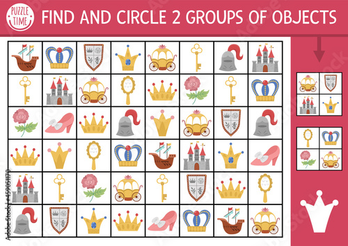 Fairytale seek and find game with traditional symbols. Attention skills training puzzle with castle, crown, carriage. Magic kingdom printable activity for kids. Fantasy searching puzzle