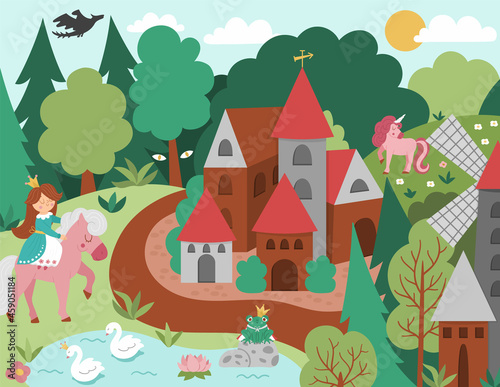 Vector Medieval village landscape with princess and pink unicorn. Magic kingdom picture. Stone and wooden building surrounded by magic forest. Fairy tale fantasy country illustration.
