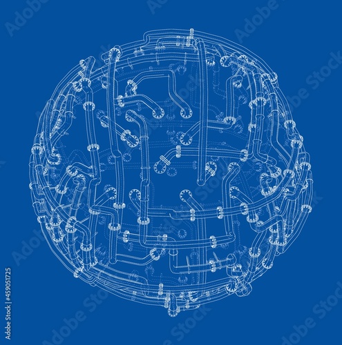 Pipes with flanges around a large sphere. Vector