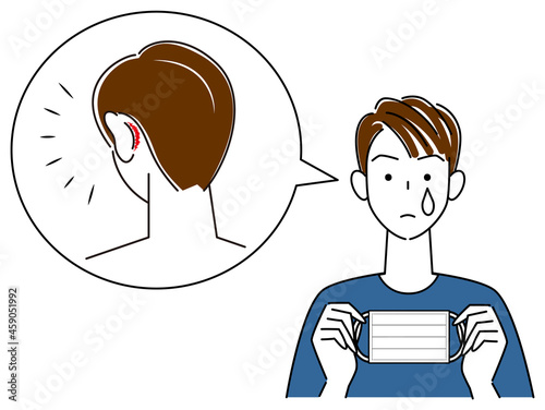 スキンケア マスクの着用が原因で耳の後ろ側が傷ついてしまい痛い男性 イラスト シンプル ベクター