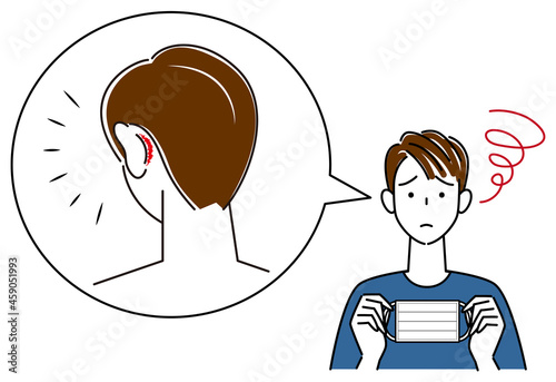 スキンケア マスクの着用が原因で耳の後ろ側が傷ついてしまい痛い男性 イラスト シンプル ベクター