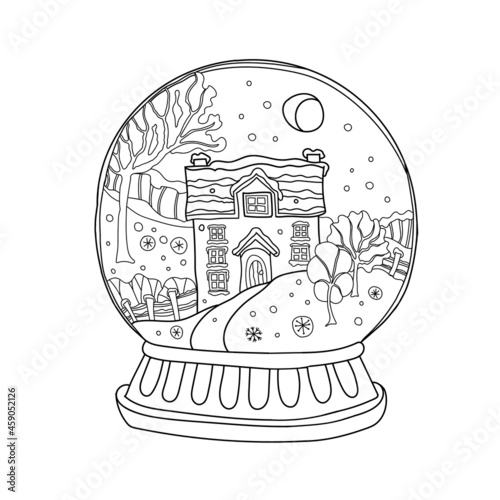 Vector illustration with a winter glass ball. Winter landscape with a house, trees, snowflakes.