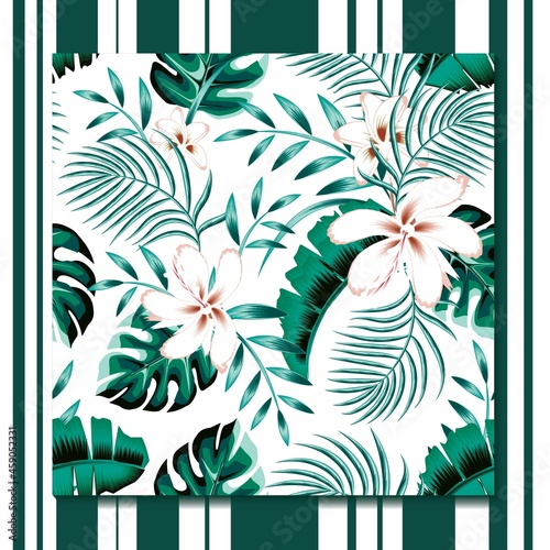 Seamless floral pattern with green banana leaf  monstera and blue palm leaves tropical on white background. Template design textile  interior  clothes  wallpaper. exotic summer