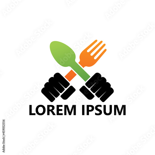 Hands holding spoons and forks to eat logo template design
