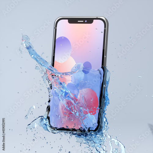 3d rendered image of smartphone splashing into water on blue background