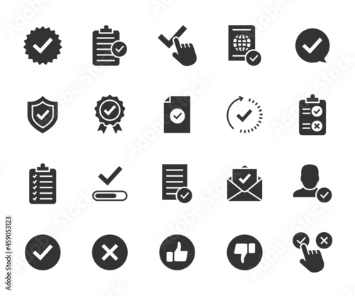 Vector set of approved flat icons. Contains icons accepted document, approved and rejected, checklist, warranty, stamp, quality control and more. Pixel perfect.