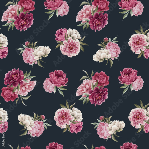 Beautiful vector seamless floral pattern with hand drawn watercolor gentle pink peony flowers. Stock illuistration.