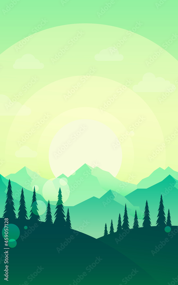 Discovering, exploring, adventure. Mountains Forest. Night, Day, Sunset. Polygonal landscape. Flat illustration. Minimalist style graphic design for flyers, banners, background, coupon, voucher