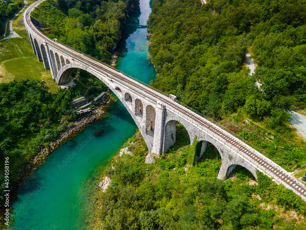 Solkan Bridge in Slovenia over River Soca. World Largest Stone Rail Bridge