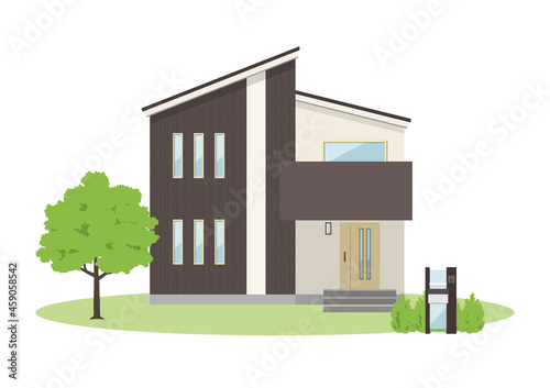 モダンな戸建て住宅のイラスト（差しかけ屋根）