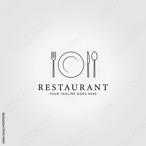 Minimalist kitchen concept logo line art vector illustration, set design of fork plate spoon knife