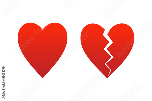 Couple of cute cartoon style red hearts icons, illustration. Whole heart and broken heart.
