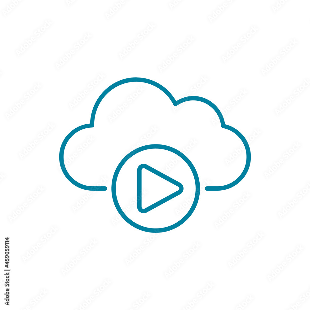 Cloud play button line icon. Audio and video files hosting. Multimedia server services. Online streaming concept. Movie on demand idea. Internet media player. Vector illustration, flat, clip art. Cloud play button line icon. Audio and video files hosting. Multimedia server services. Online streaming concept. Movie on demand idea. Internet media player. Vector illustration, flat, clip art.