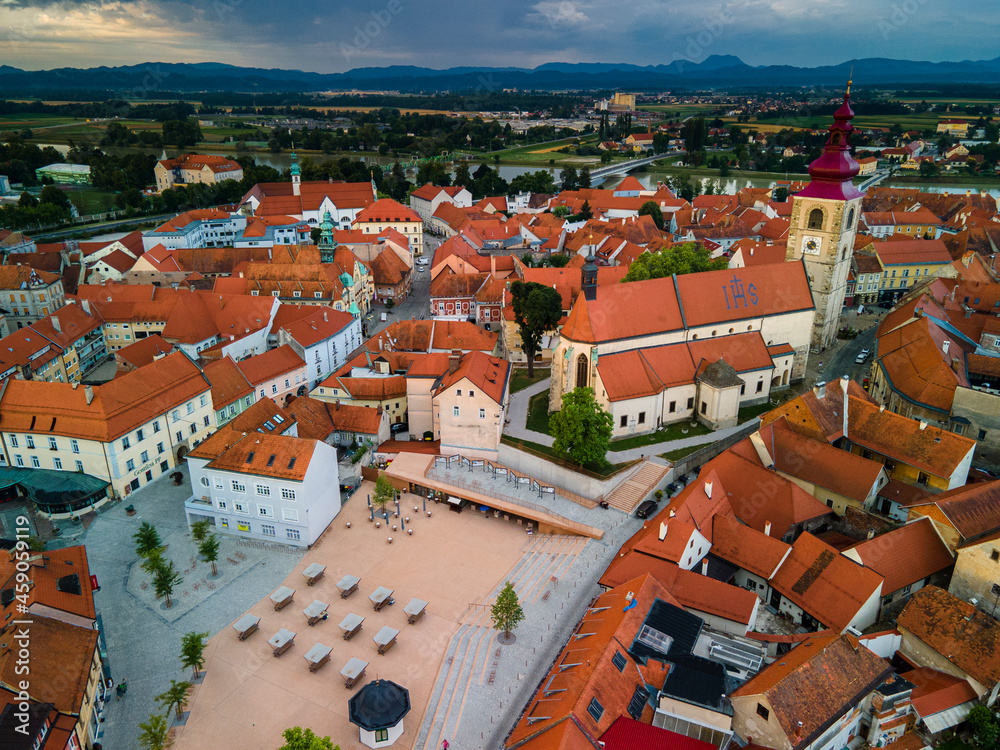 Obraz premium Drone View over Ptuj Town in SLovenia at Sunrise