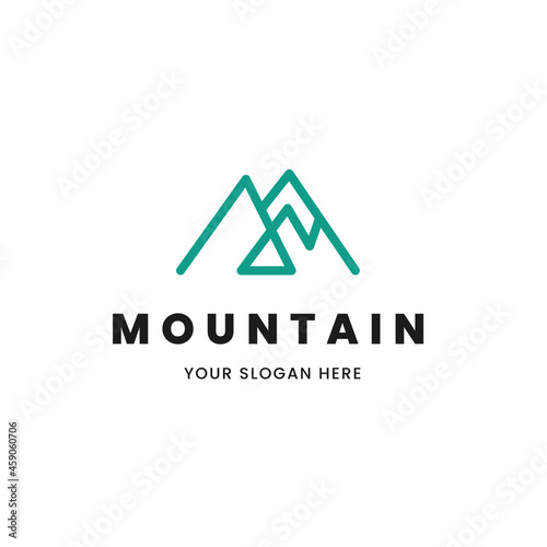 Isolated simple and minimalist monoline outline image of blue mountain logo. Logo for the mountain climbing or travel shop.