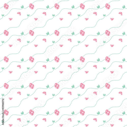 Eggs and footprints of pink dinosaur in seamless pattern