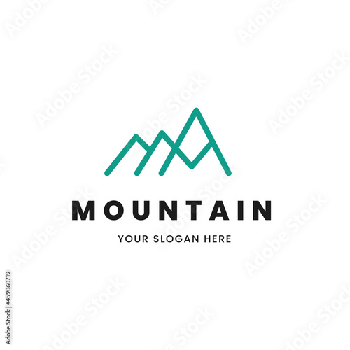 Isolated simple and minimalist monoline outline image of blue mountain logo. Logo for the mountain climbing or travel shop.
