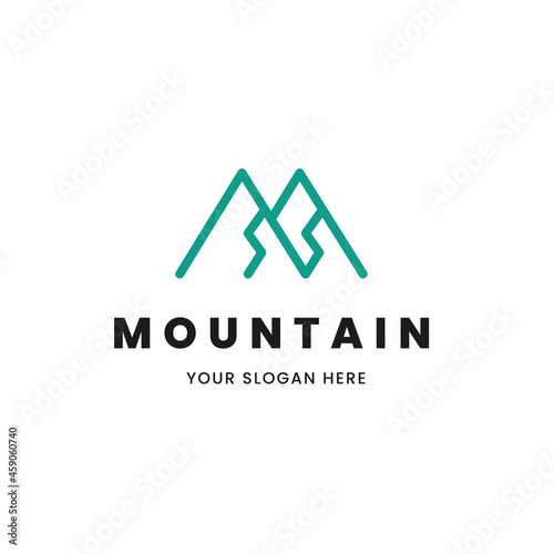 Isolated simple and minimalist monoline outline image of blue mountain logo. Logo for the mountain climbing or travel shop.