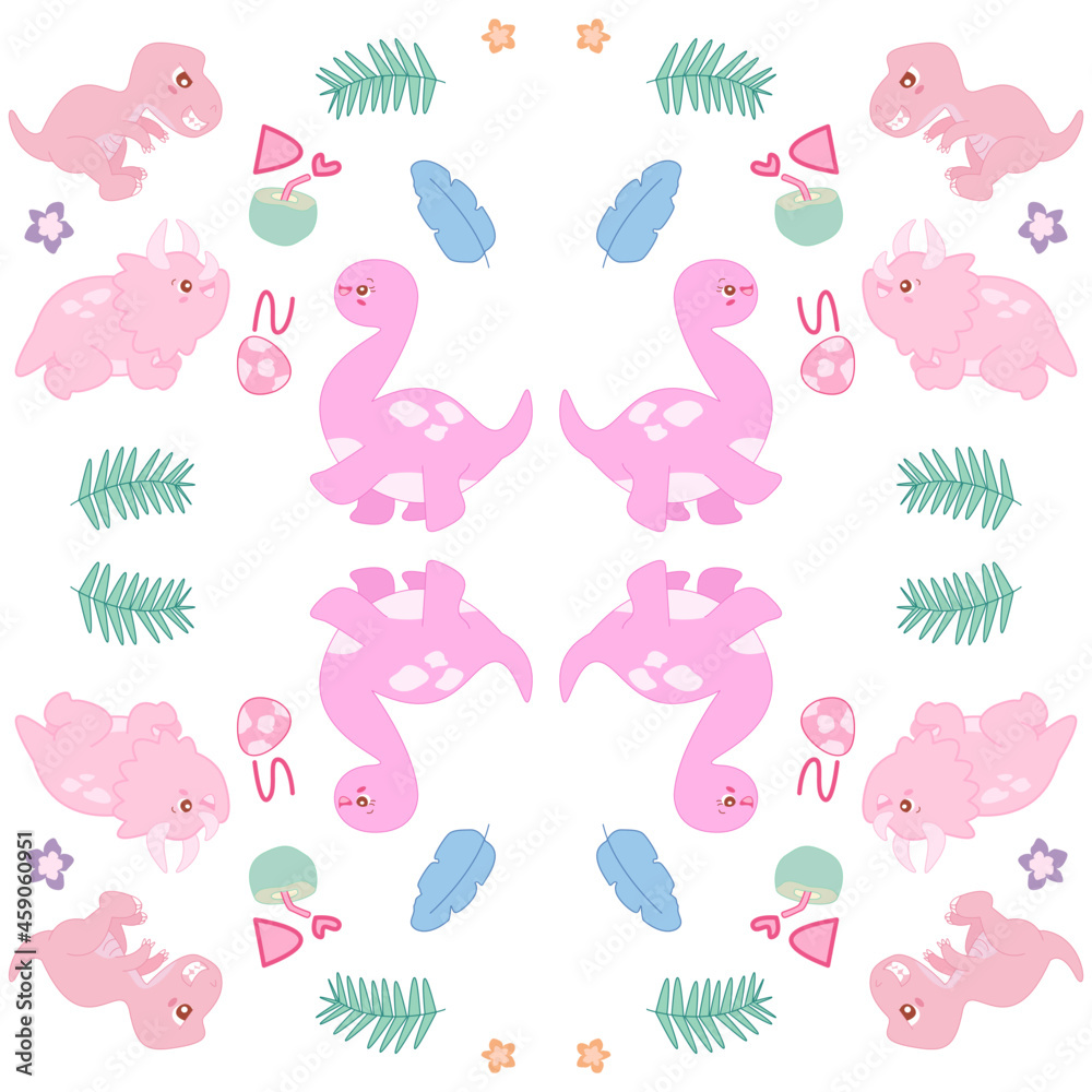 Pattern of Pink dinosaurs wish to drink coconut water on cute background