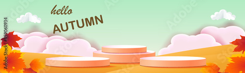 podium stage autumn season paper art colorful for show banner sale vector illustation