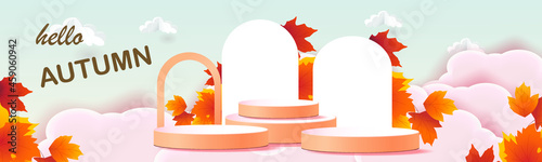 podium stage autumn season paper art colorful for show banner sale vector illustation