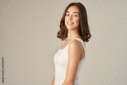 pretty woman smile emotions clear skin light background