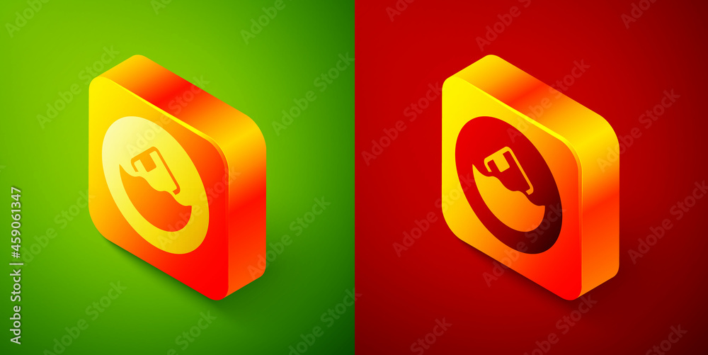 Isometric Carton cardboard box icon isolated on green and red background. Box, package, parcel sign. Delivery and packaging. Square button. Vector Isometric Carton cardboard box icon isolated on green and red background. Box, package, parcel sign. Delivery and packaging. Square button. Vector