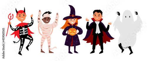 Halloween characters of little kids in festive costumes of mummy, witch, pumpkin, ghost. Vector illustration set of diverse characters in halloween outfit in flat cartoon style isolated on white