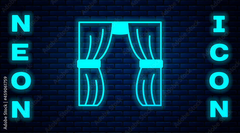 Glowing neon Circus curtain raises icon isolated on brick wall background. For theater or opera scene backdrop, concert grand opening or cinema premiere. Vector Glowing neon Circus curtain raises icon isolated on brick wall background. For theater or opera scene backdrop, concert grand opening or cinema premiere. Vector