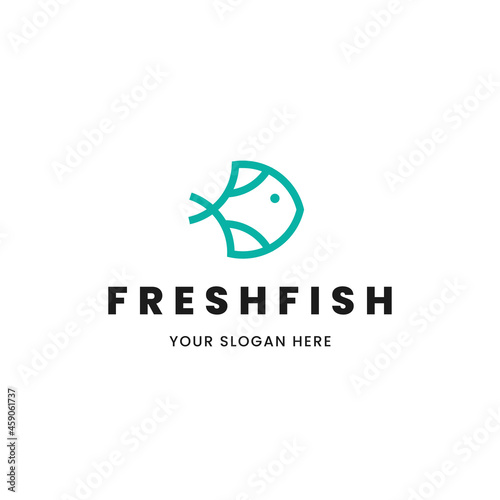 Isolated minimalist monoline outline image of blue fish logo