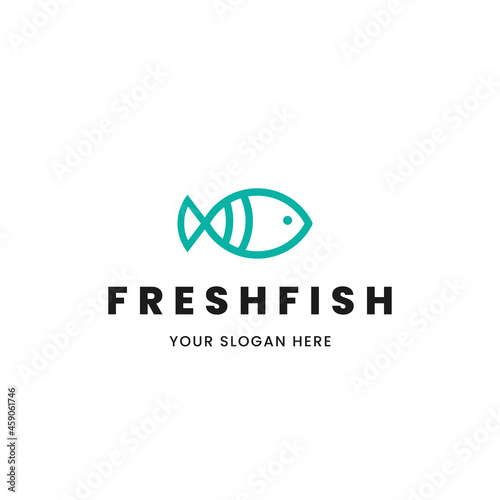 Isolated minimalist monoline outline image of blue fish logo