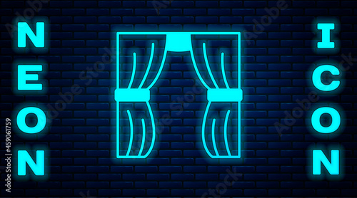 Glowing neon Circus curtain raises icon isolated on brick wall background. For theater or opera scene backdrop, concert grand opening or cinema premiere. Vector