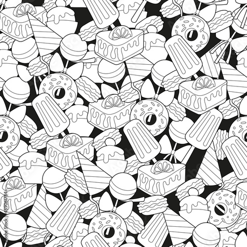 Sweets seamless pattern. Black and white cartoon illustration on white background. photo