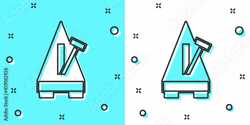 Black line Classic Metronome with pendulum in motion icon isolated on green and white background. Equipment of music and beat mechanism. Random dynamic shapes. Vector