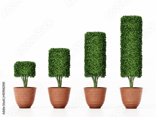 Rising pots with green bushes like a business graph. 3D illustration