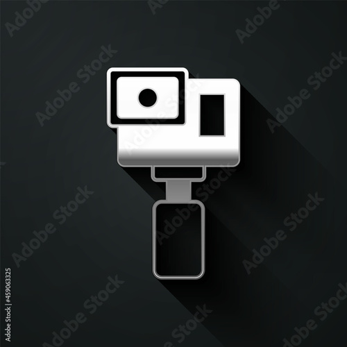 Silver Action extreme camera icon isolated on black background. Video camera equipment for filming extreme sports. Long shadow style. Vector