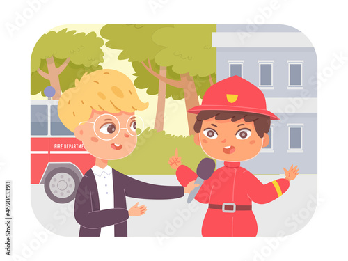 Journalist interview with kid fireman, boy child news reporter interviewing firefighter