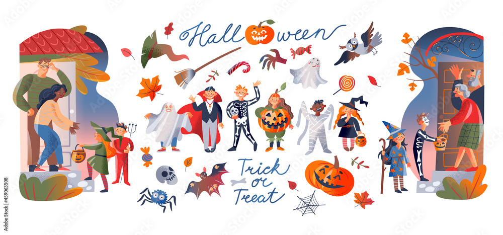 Obraz premium Halloween party set, scary night ghost, spooky zombie, witch in hat vampire and pumpkin
